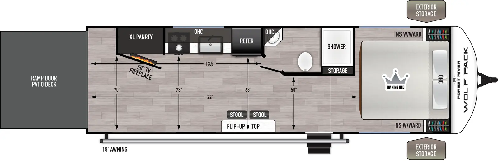 The Wolf Pack 26-13.5 floorplan is a toy hauler that has two entries and zero slide outs. Exterior features include: fiberglass exterior and 18' awning. 